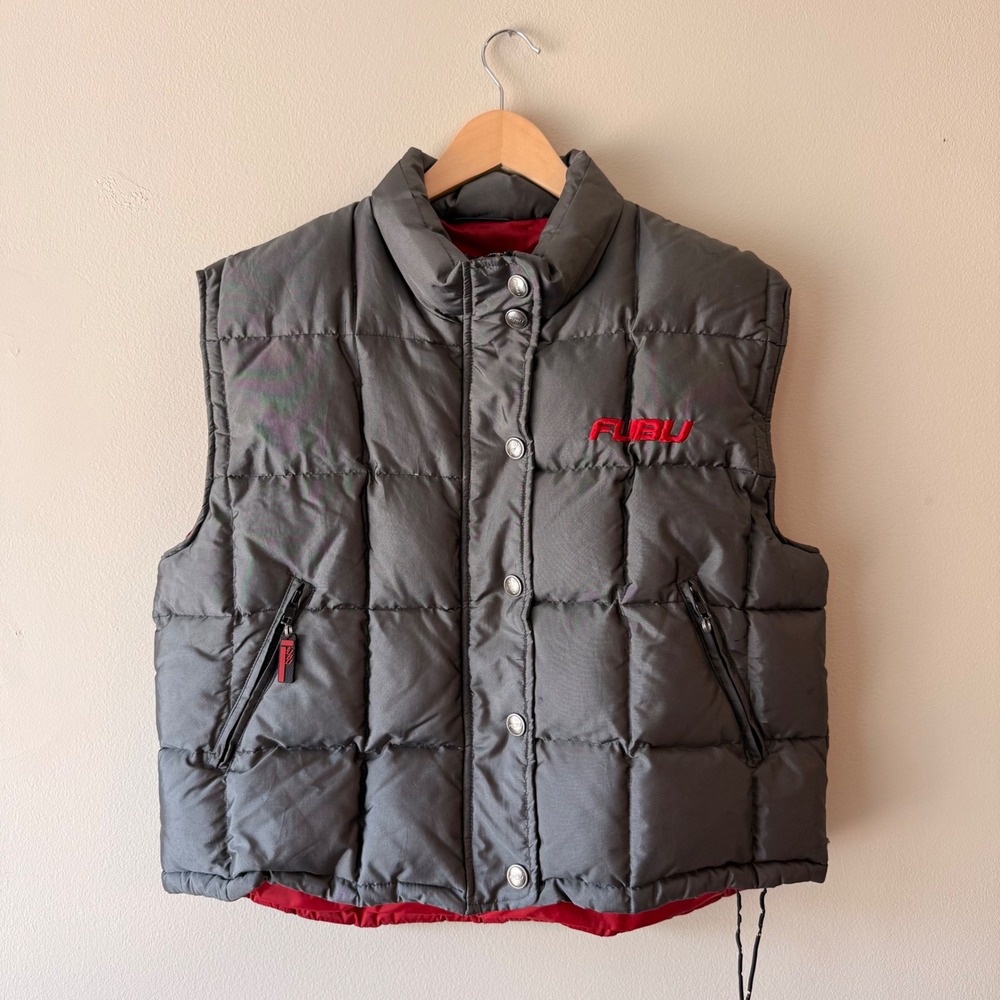 Y2K Fubu Winter Vest Coat Graphic Puff Print Red Grey